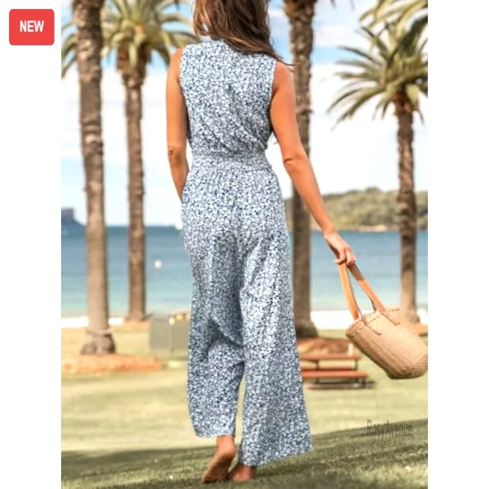 Floral Maxi Jumpsuit with Pocket Mock Neck Elastic Waist Wide Leg - Picture 2 of 7